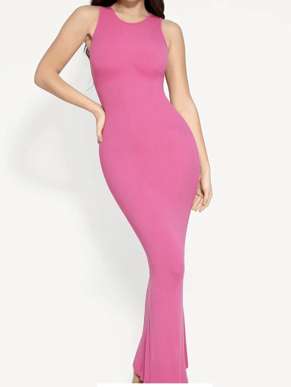 Sleeveless Crew Neck Slimming Ribbed Maxi Dress in Hot Pink
